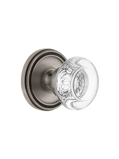 Grandeur Soleil Rosette Door Set with Bordeaux Crystal-Glass Knobs in Antique Pewter.